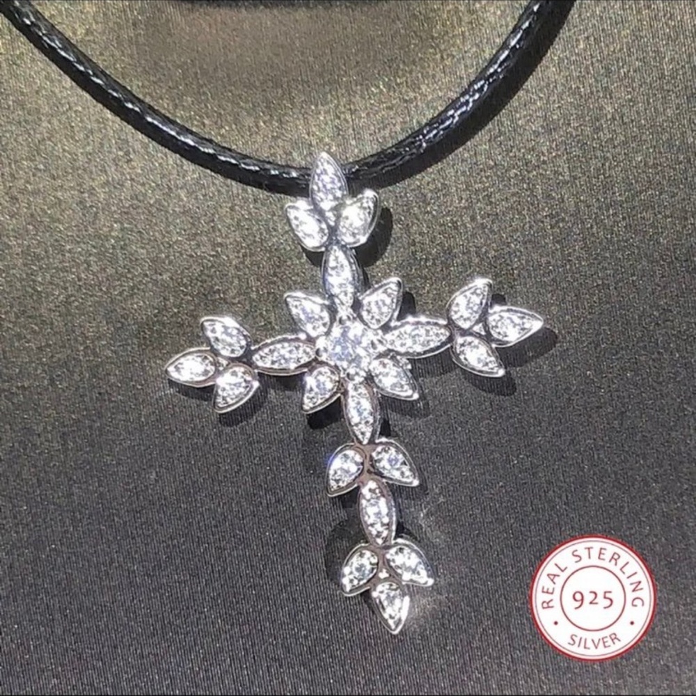 Simple black rope cross pendant necklace with swarovski elements